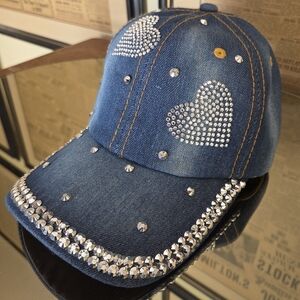 Denim Cap with Stud Sparkle Hearts